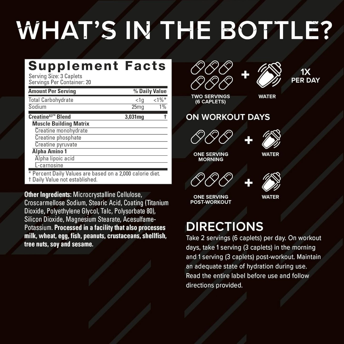 60 caplets per bottle delivering 20 servings (3 caplets per serving, 2 servings daily)