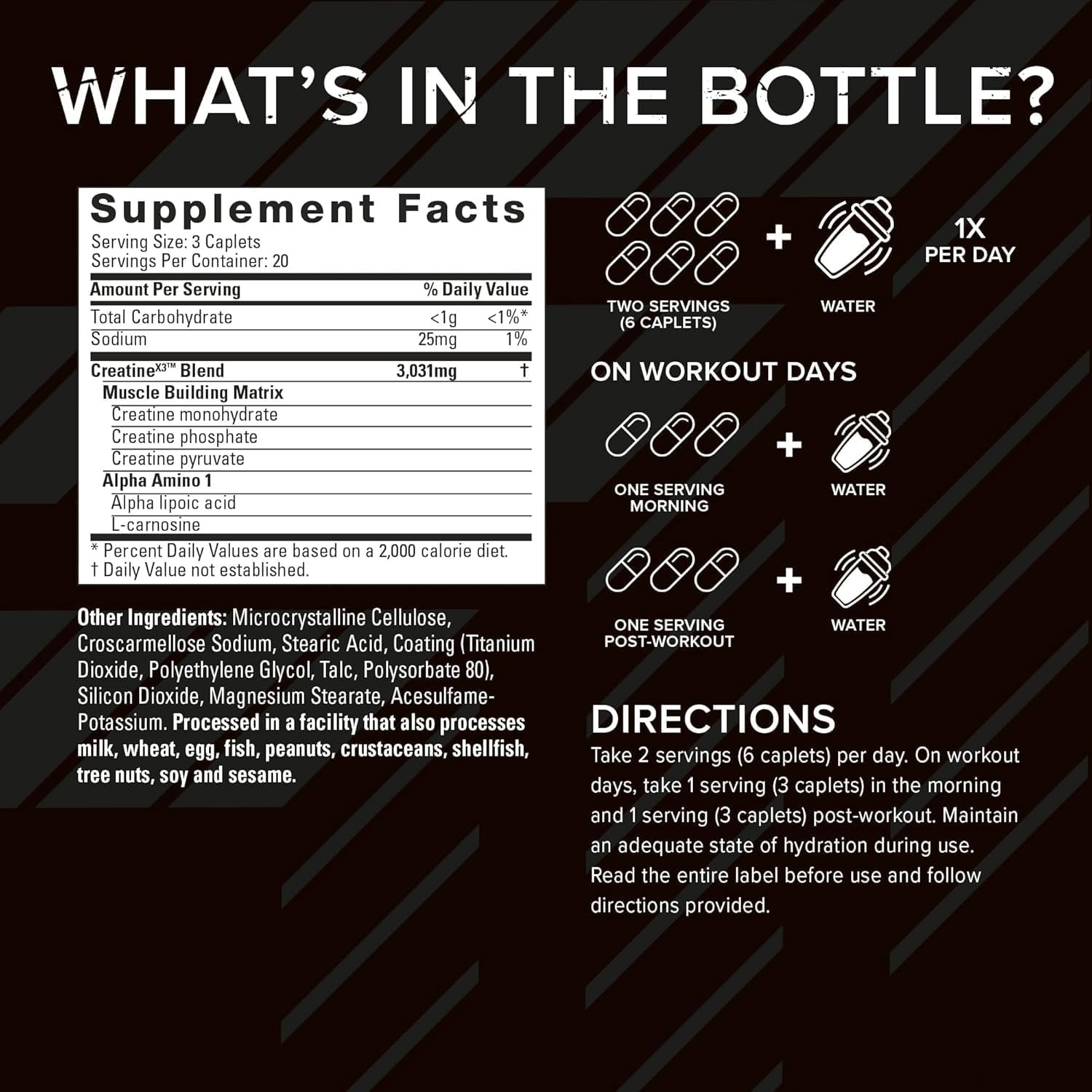 60 caplets per bottle delivering 20 servings (3 caplets per serving, 2 servings daily)