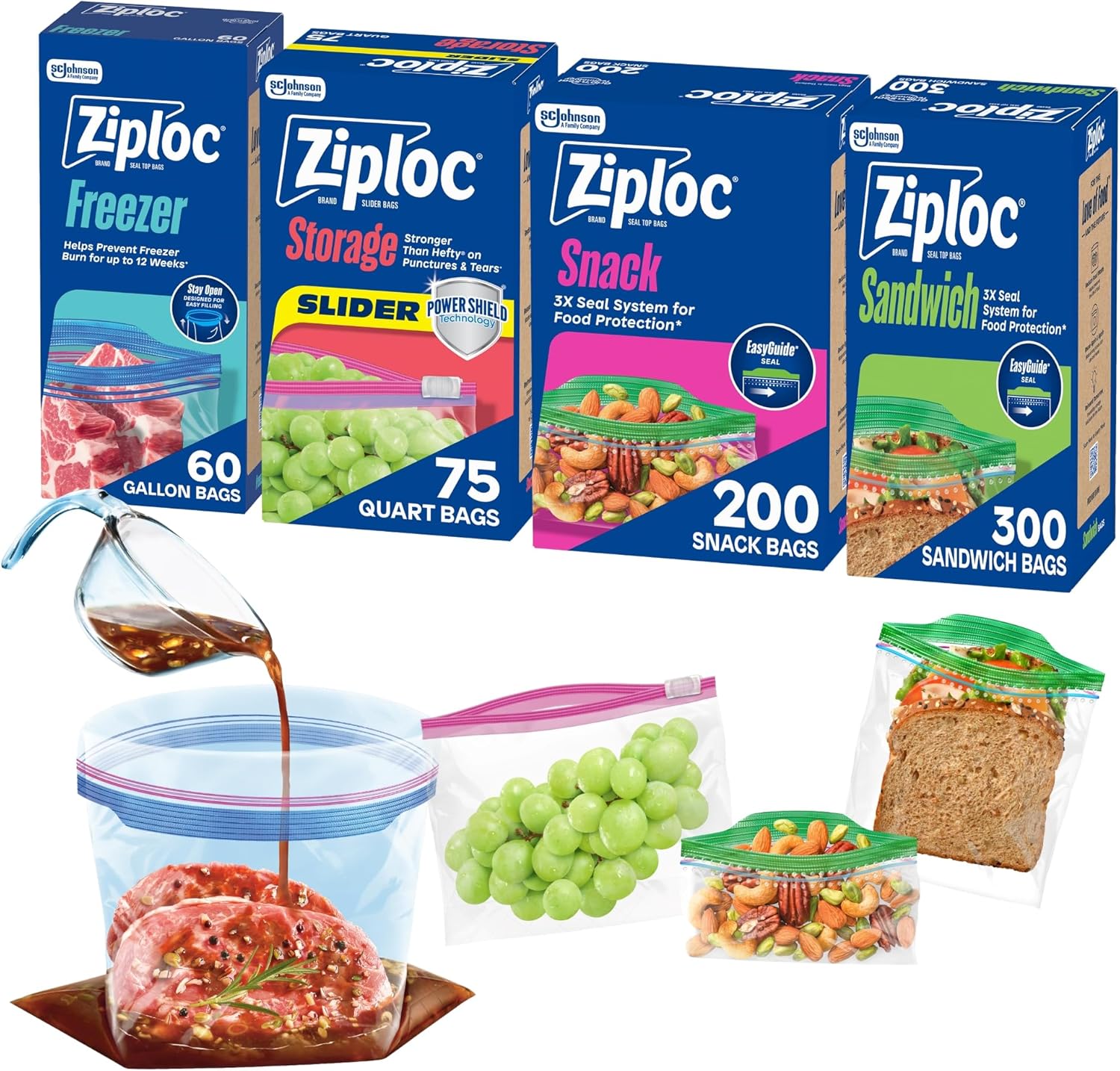635 total bags split across gallon freezer, quart slider, snack, and sandwich sizes