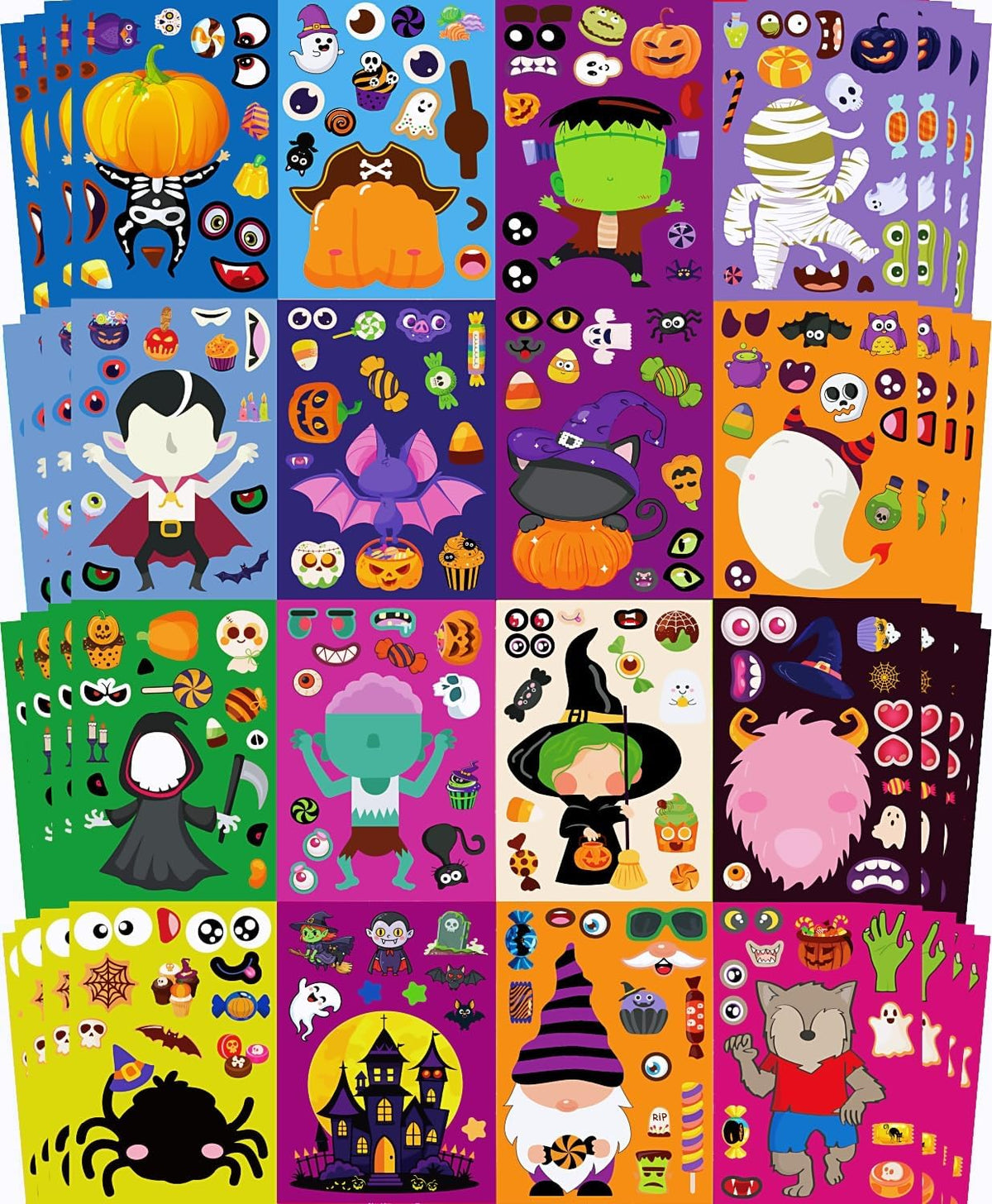 64 sheets per pack containing 880+ stickers across 16 halloween character designs (vampires, pumpkins, cats, witches, bats, ghosts)
