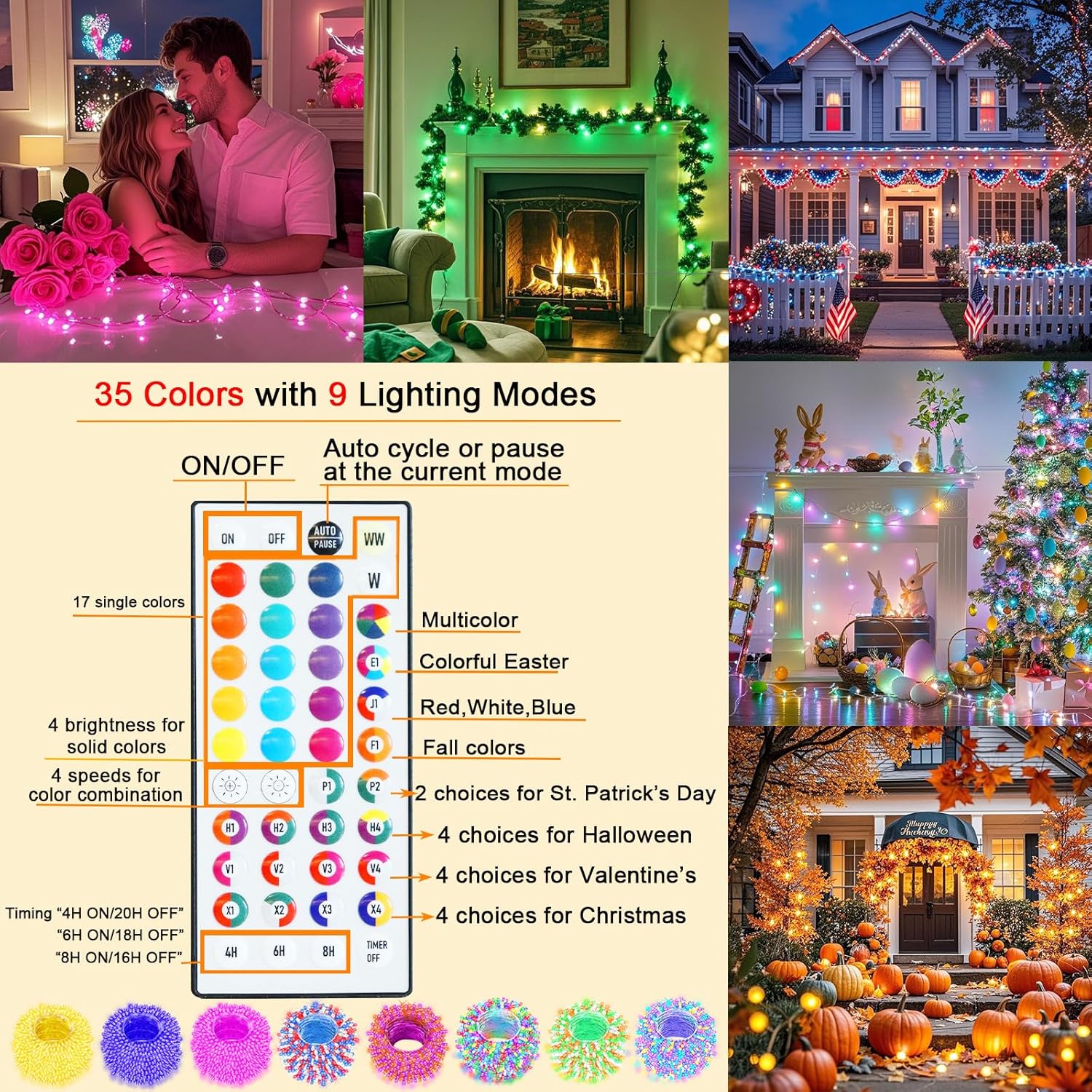 66 ft length with 200 leds on a flexible clear or green wire that bends around trees and railings