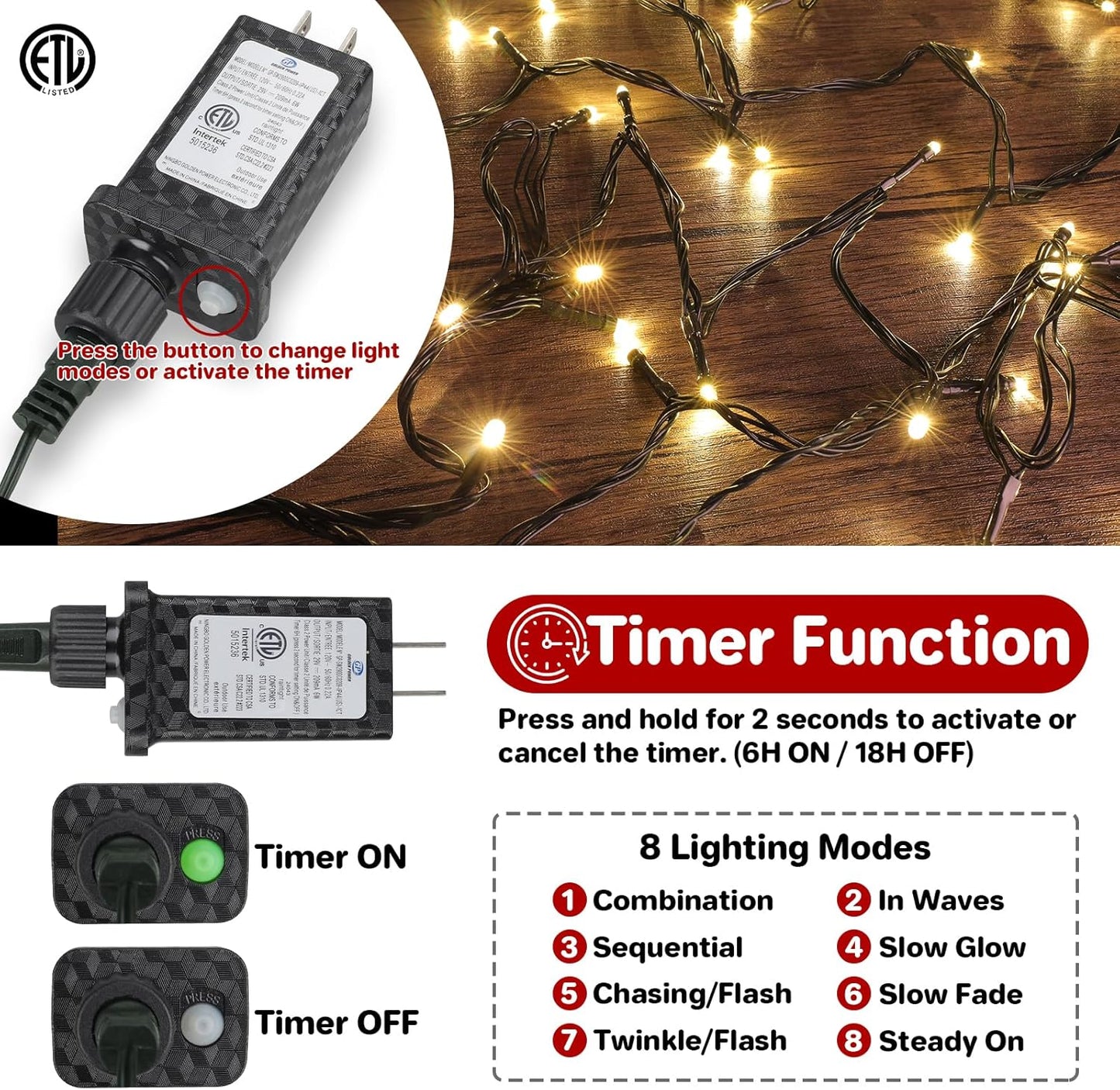 66 ft lighting length plus 10 ft lead wire (76 ft total) with 3.9-inch bulb spacing