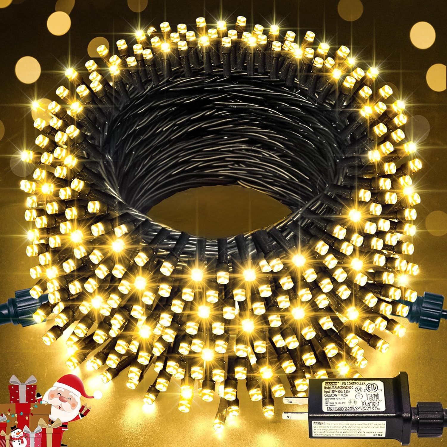 66ft string with 200 super-bright warm white leds on green camouflaging wire