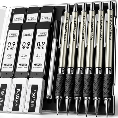 6PCS Metal Mechanical Pencil Set with 0.9mm Bold Point, 360 Leads, 12 Erasers, Art Mechanical Pencils Pack with Storage Case for School Writing, Sketching, Drawing &amp;amp; Professional Drafting