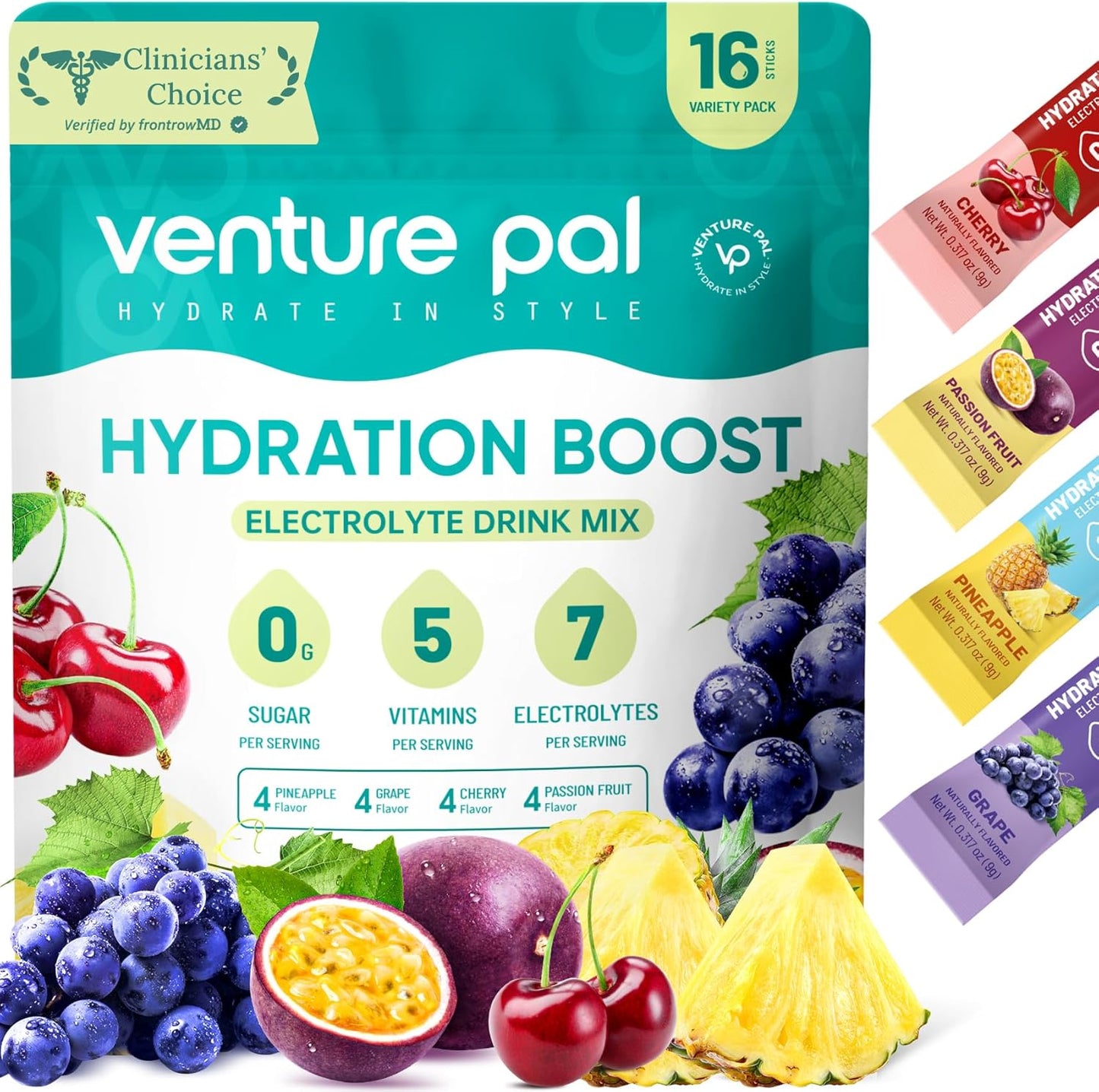 7 essential electrolytes per stick: sodium (400mg), potassium (300mg), magnesium, calcium, zinc, chloride, and citric acid