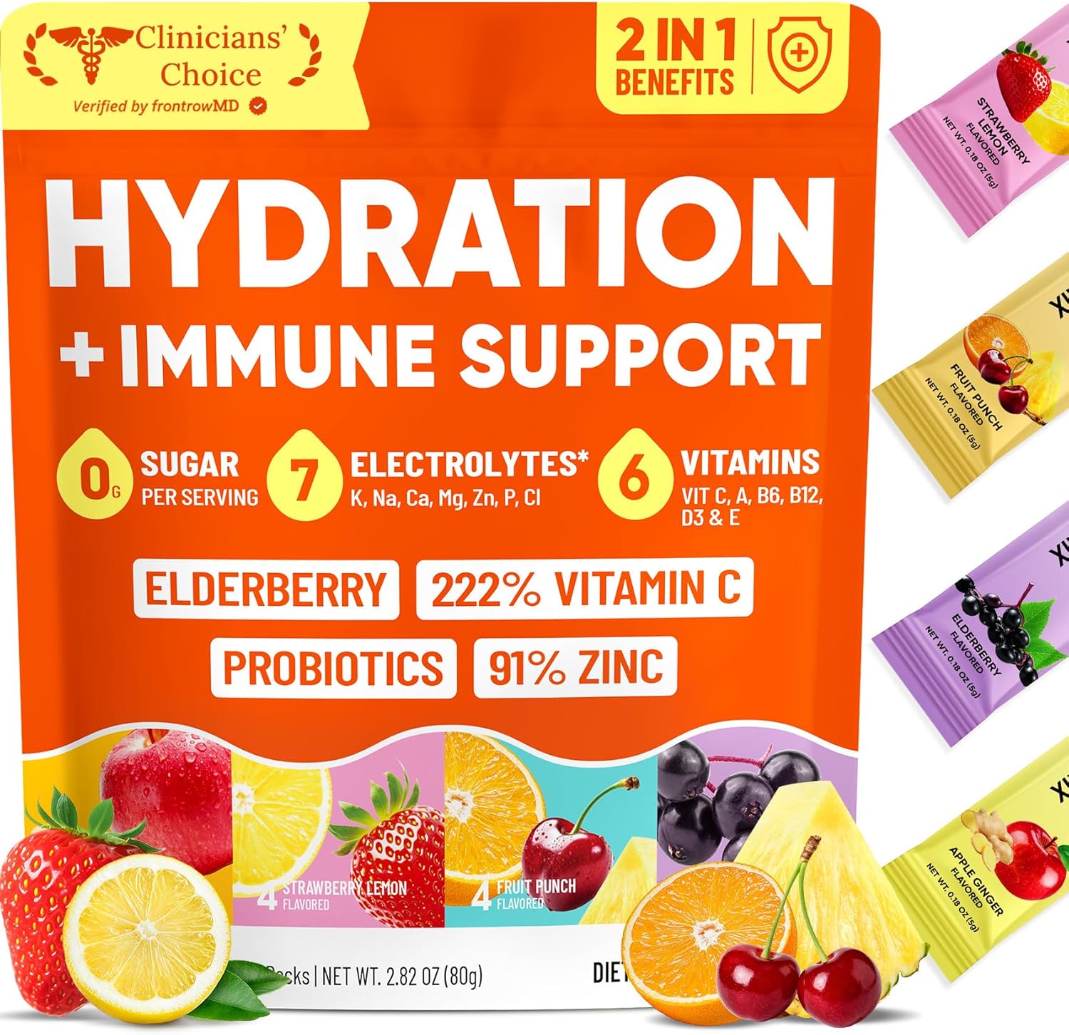 7 essential electrolytes (potassium, sodium, calcium, magnesium, zinc, chloride, phosphorus) plus 6 vitamins (a, b6, b12, c, d3, e) including 200% dv vitamin c