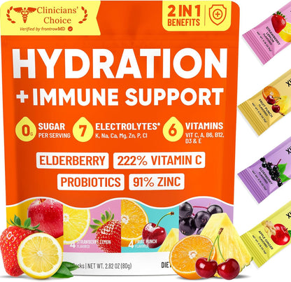7 essential electrolytes (potassium, sodium, calcium, magnesium, zinc, chloride, phosphorus) plus 6 vitamins (a, b6, b12, c, d3, e) including 200% dv vitamin c
