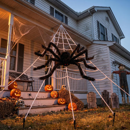 Land Guard 236'' Giant Spider Web Outdoor Halloween Decor with 70'' Spider Prop for Front Yard, Lawn, and Patio Haunted Displays