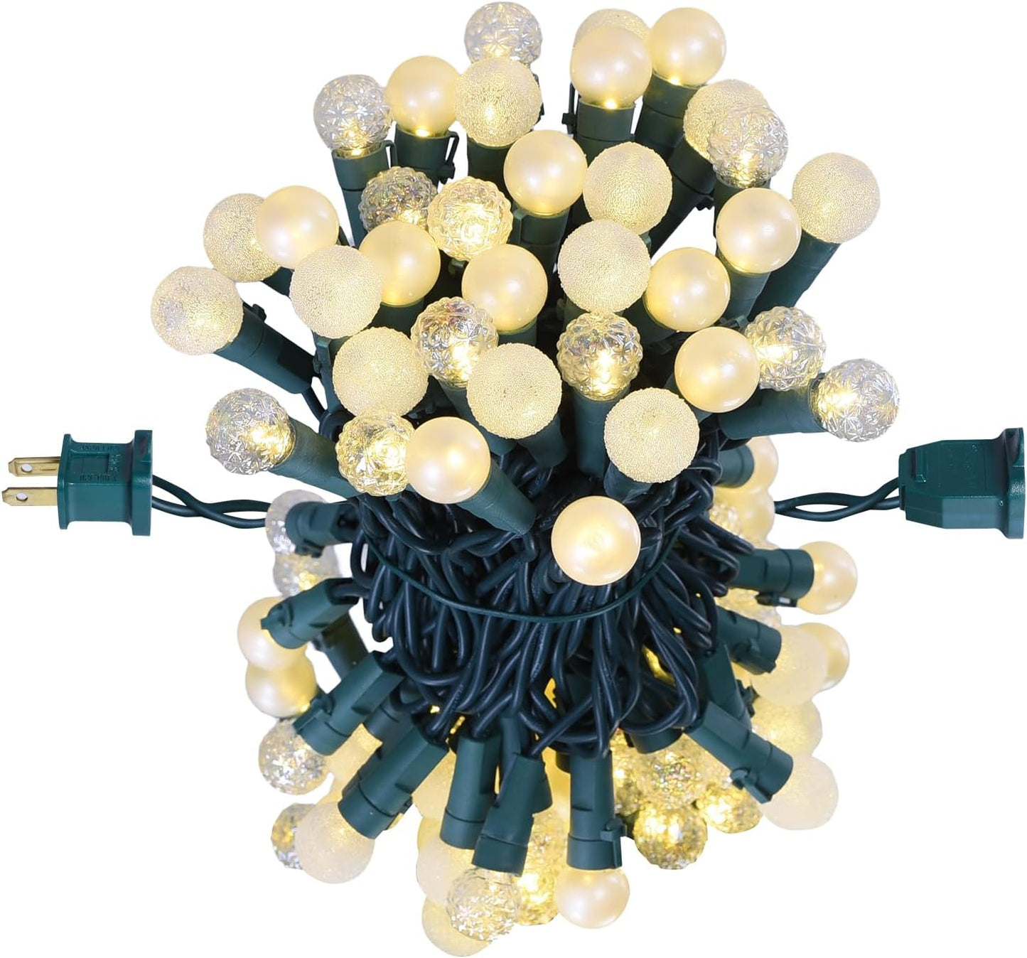 70 led globe string lights on a 19 ft strand with 4-inch bulb spacing, 2300k warm white output