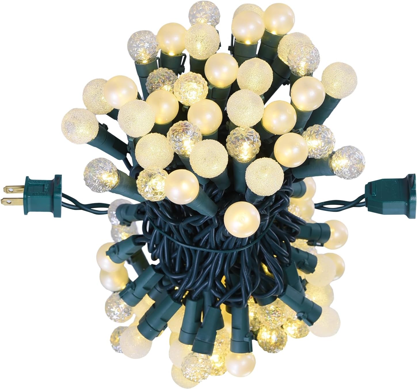 70 led globe string lights on a 19 ft strand with 4-inch bulb spacing, 2300k warm white output