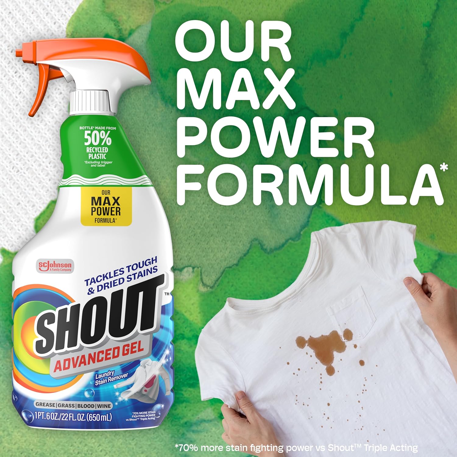70% more stain-fighting power vs. shout triple-acting formula