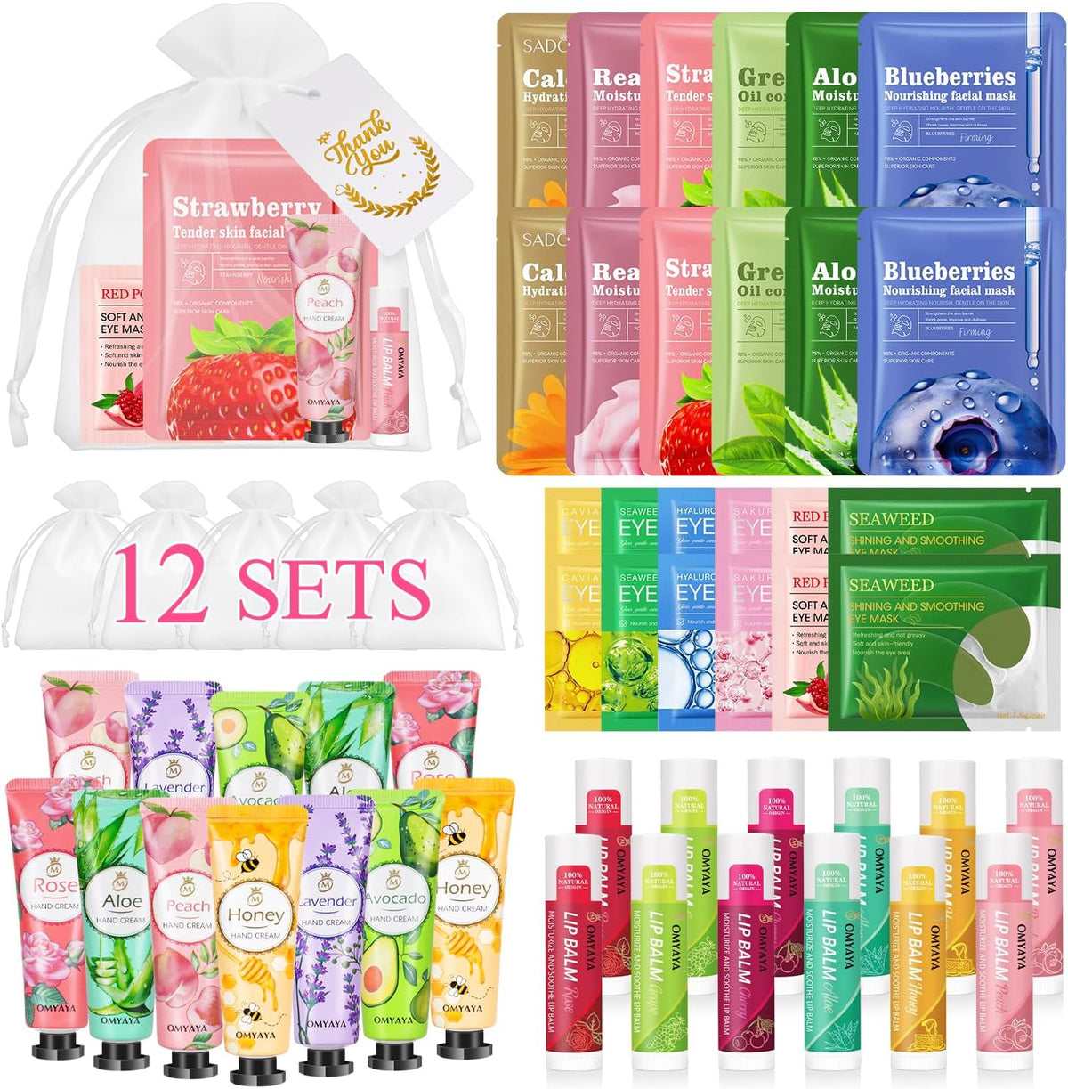 72-piece bulk set: 12 facial masks, 12 lip balms, 12 hand creams, 12 under-eye patches, 12 organza bags, 12 thank-you cards