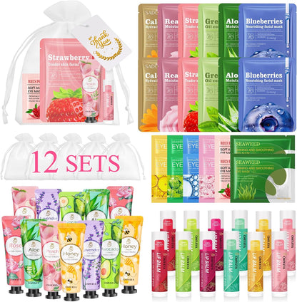 72-piece bulk set: 12 facial masks, 12 lip balms, 12 hand creams, 12 under-eye patches, 12 organza bags, 12 thank-you cards