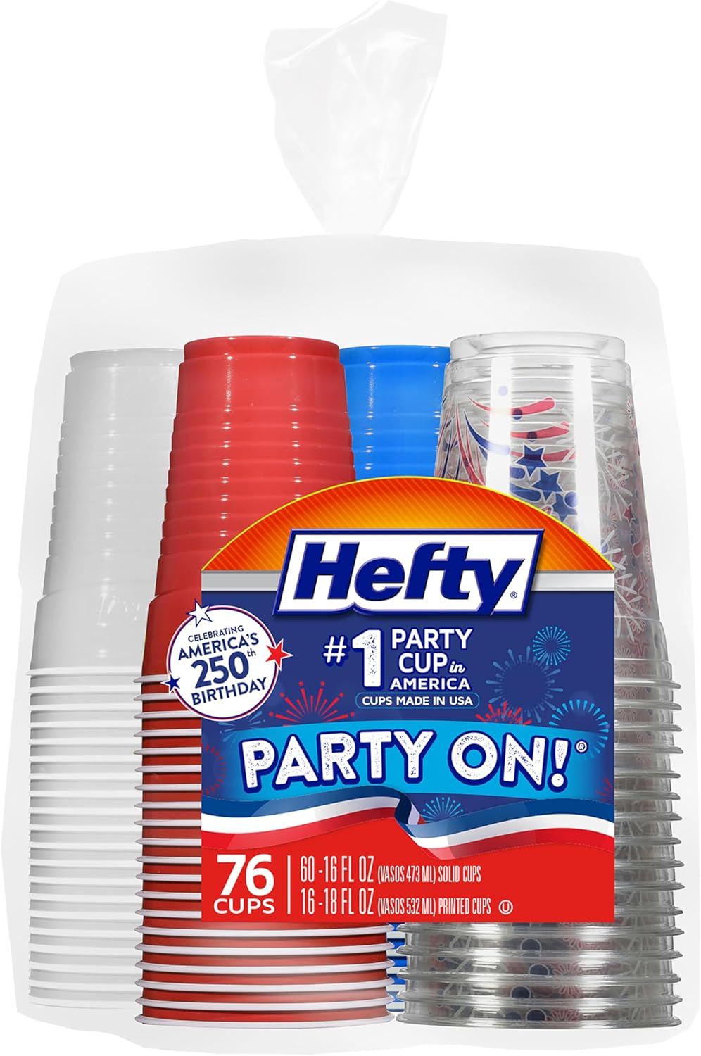 76-piece assortment (with 80-count and 100-count variants available) combining 16 oz red/white/blue cups and 18 oz clear cups with firework print