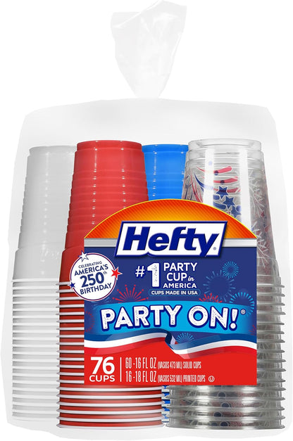 76-piece assortment (with 80-count and 100-count variants available) combining 16 oz red/white/blue cups and 18 oz clear cups with firework print
