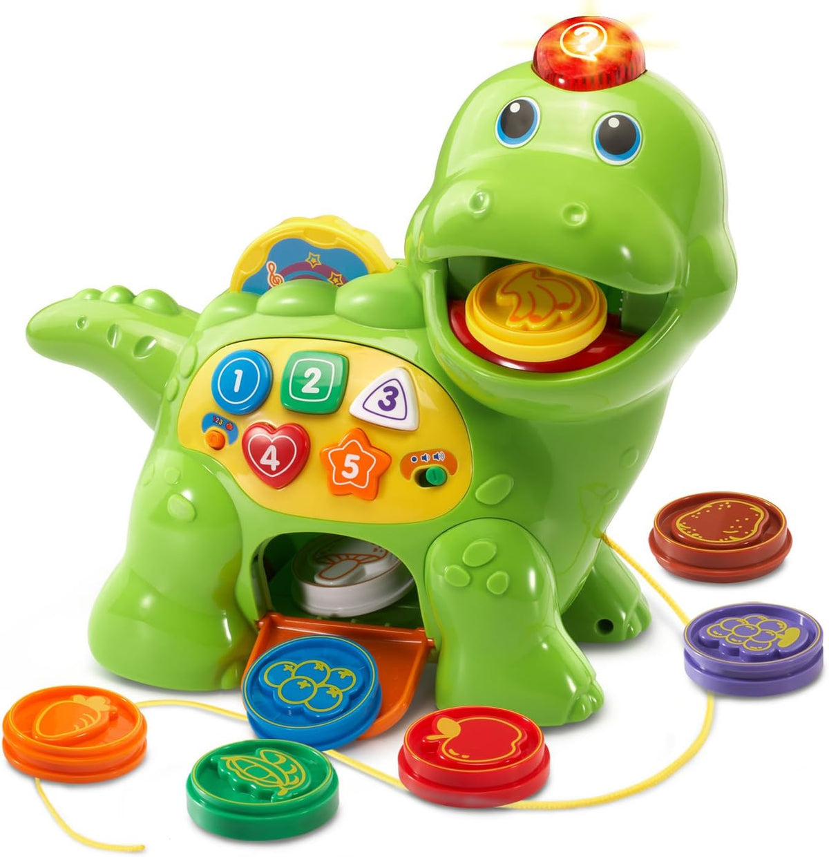 8 brightly colored, shape-specific food pieces recognized when fed into the dino's mouth