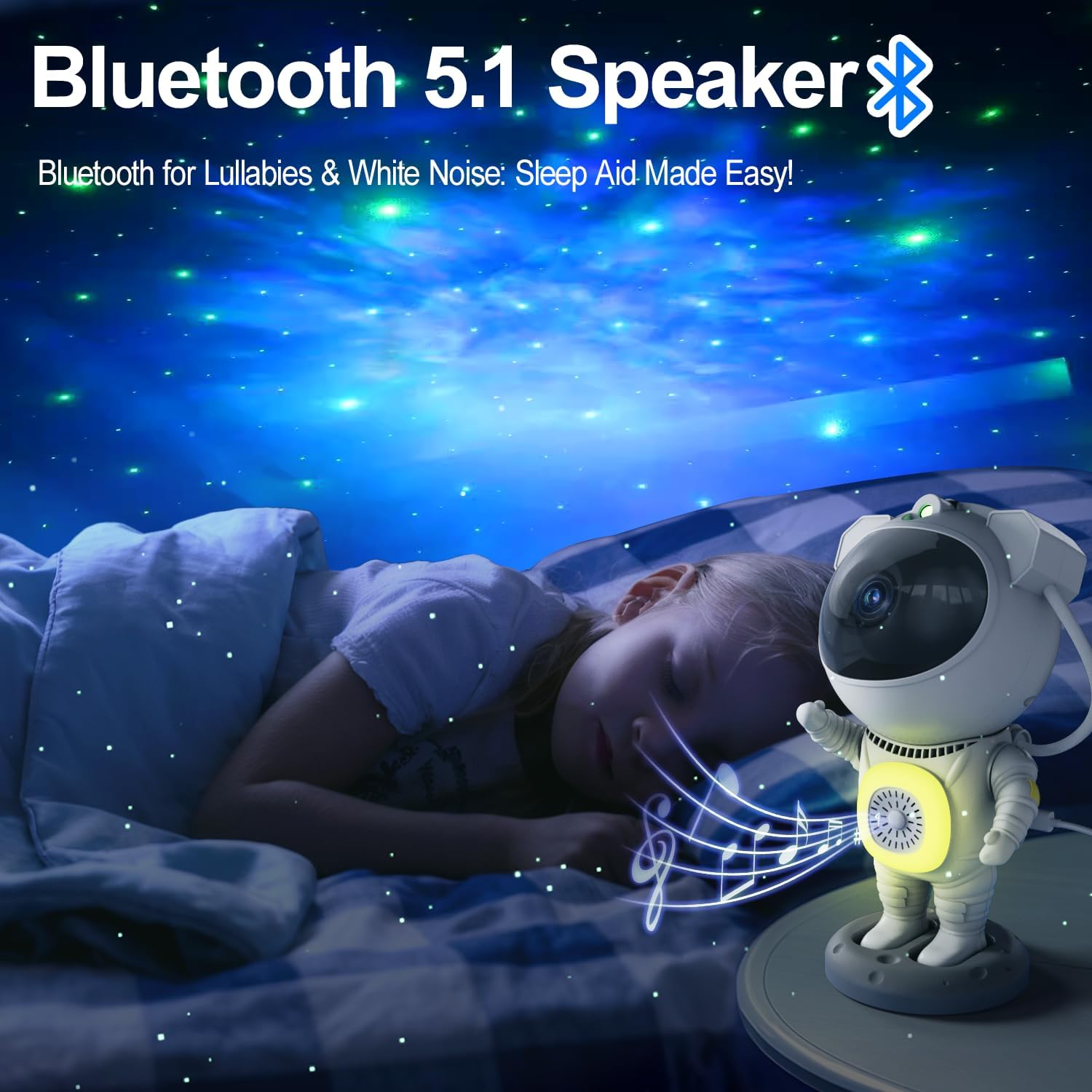 8-color, 5-brightness led night light built into the astronaut's chest, controlled via remote