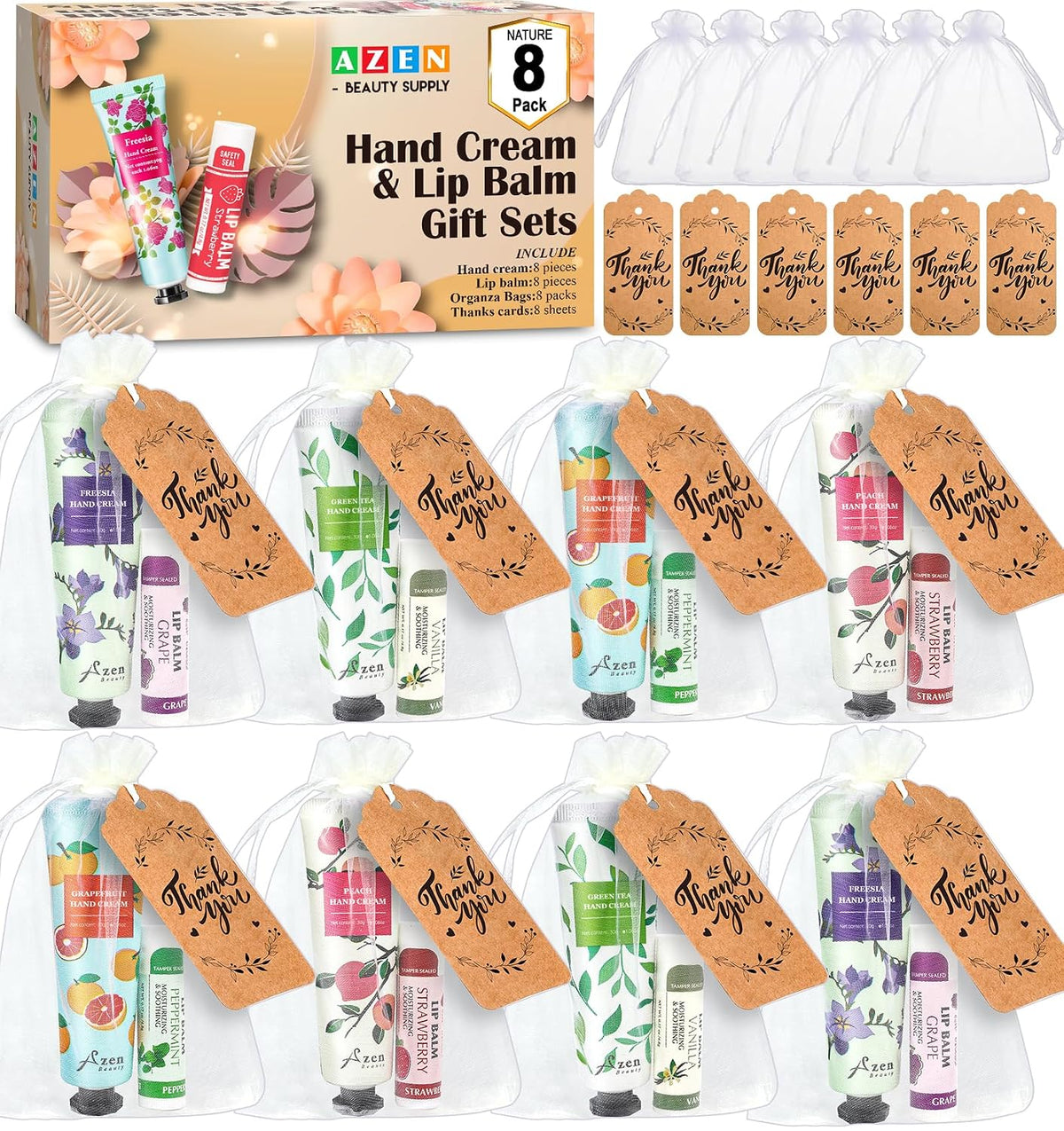 8 hand creams + 8 lip balms per set with 8+ lip balm flavors and 6 hand cream scents