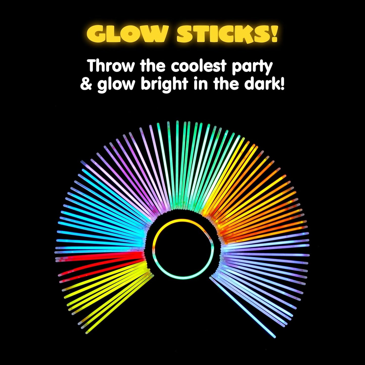 8-inch glowstick length with seven colors: red, orange, yellow, green, blue, purple, pink