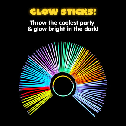 8-inch glowstick length with seven colors: red, orange, yellow, green, blue, purple, pink