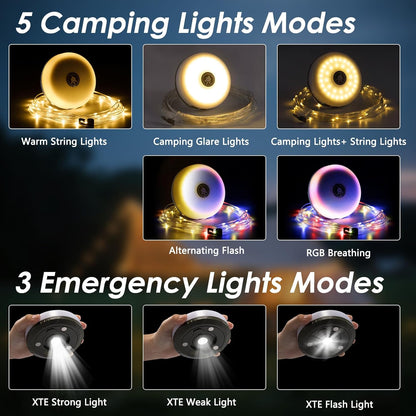 8 lighting modes (5 front: warm string, rgb flash, rgb breathing, combo, glare; 3 back: strong, weak, strobe)