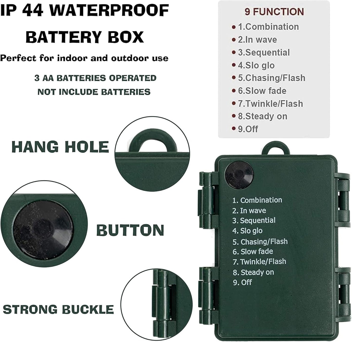 8 lighting modes controlled by a button on the battery box