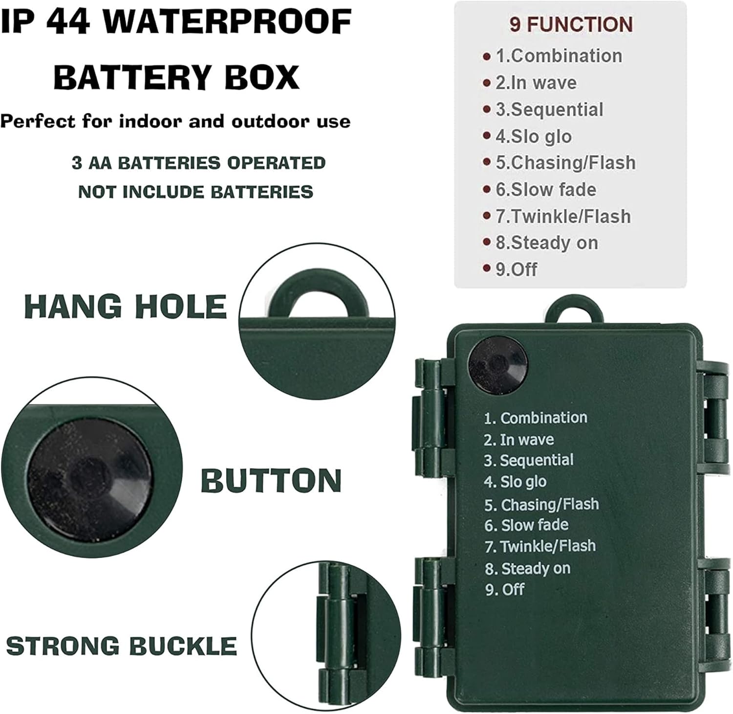 8 lighting modes controlled by a button on the battery box