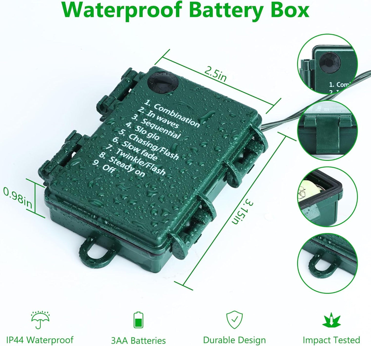8 lighting modes controlled by a button on the battery box