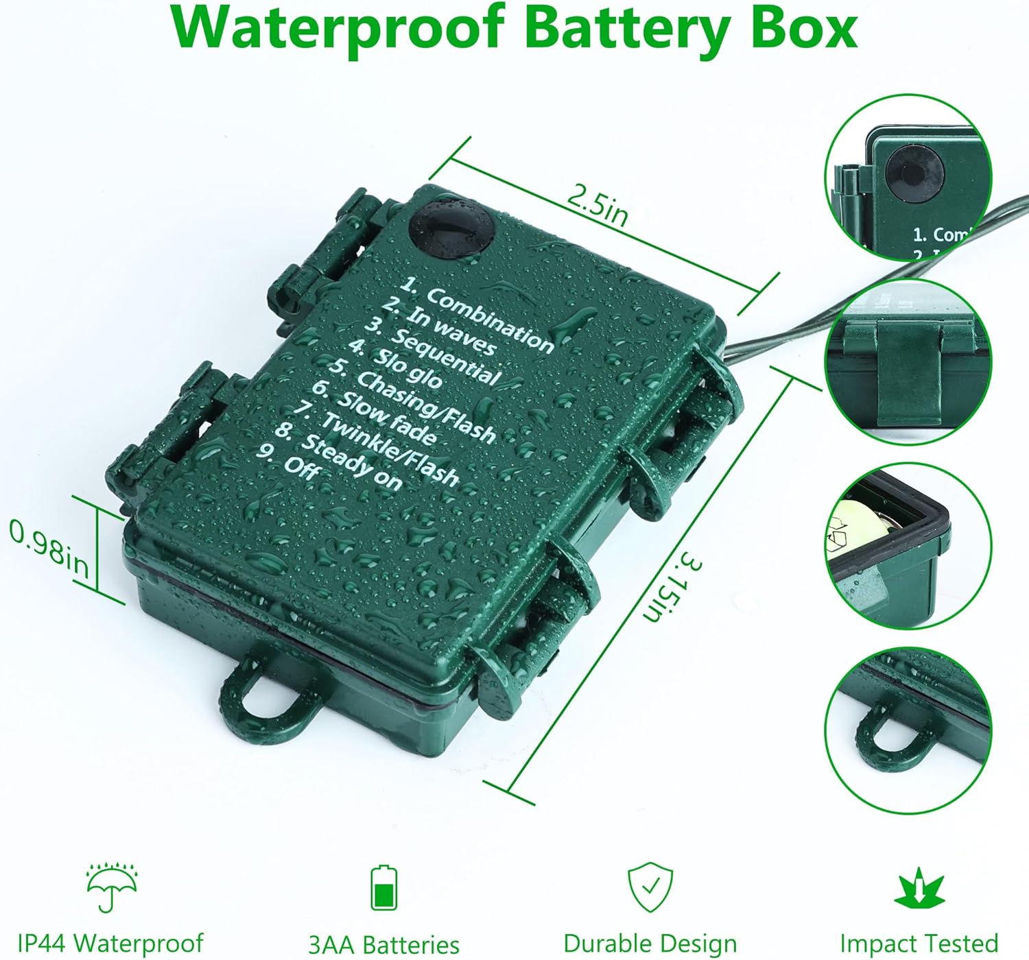 8 lighting modes controlled by a button on the battery box