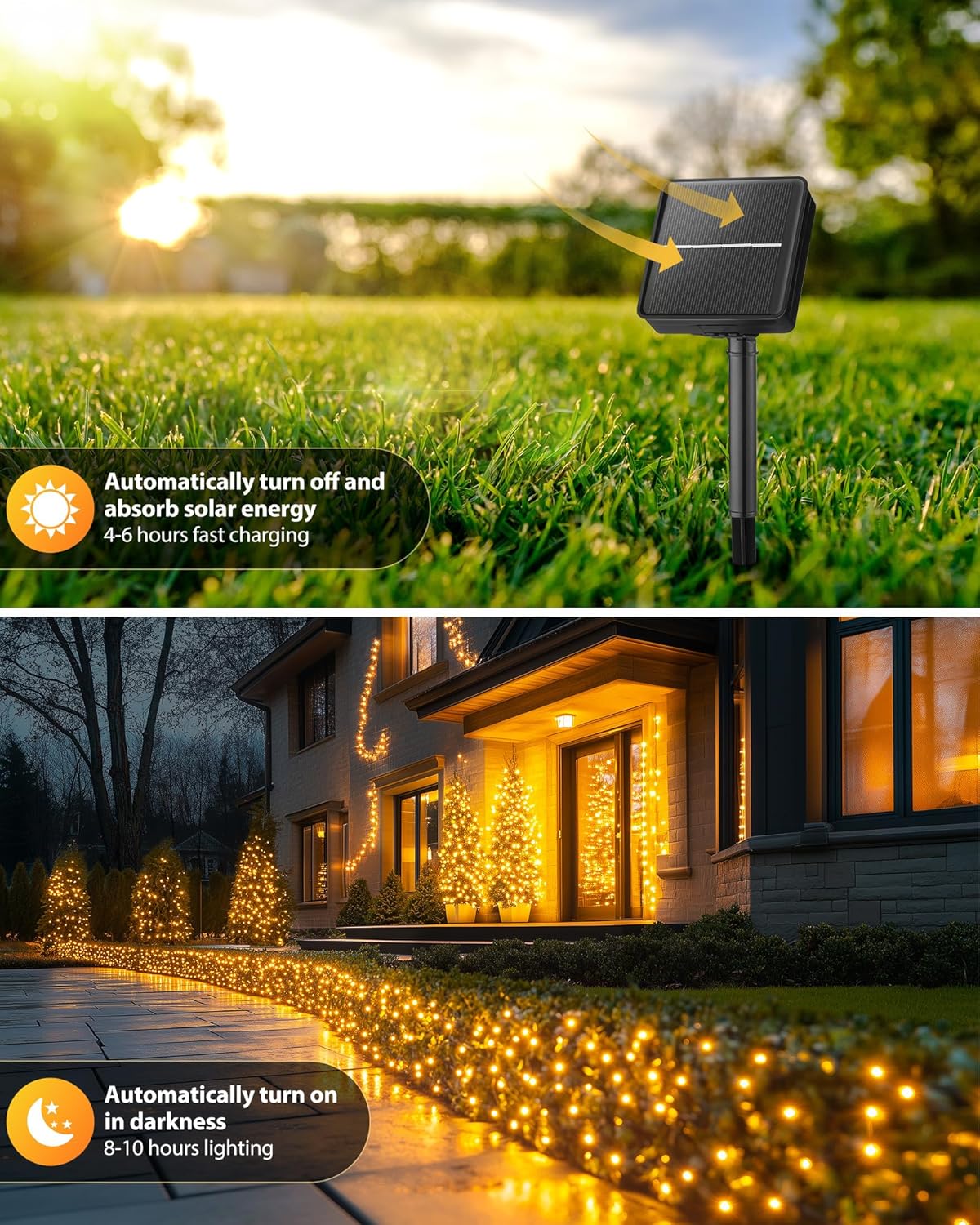 8 lighting modes controlled by a button on the solar panel with built-in memory function