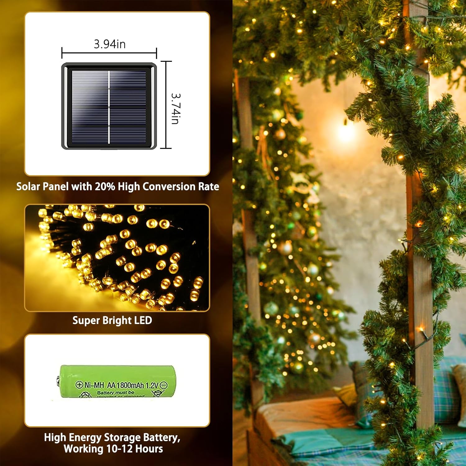 8 lighting modes controlled via on/off and mode buttons