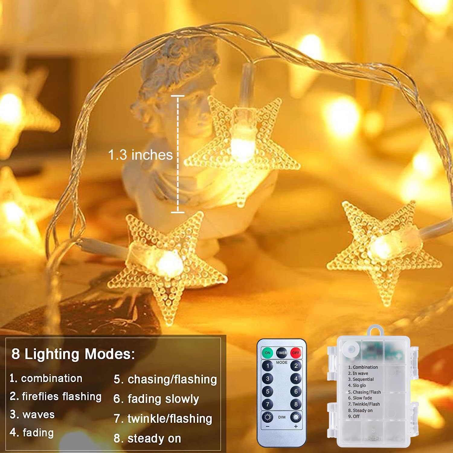 8 lighting modes including combination, twinkle, slow glow, and steady on