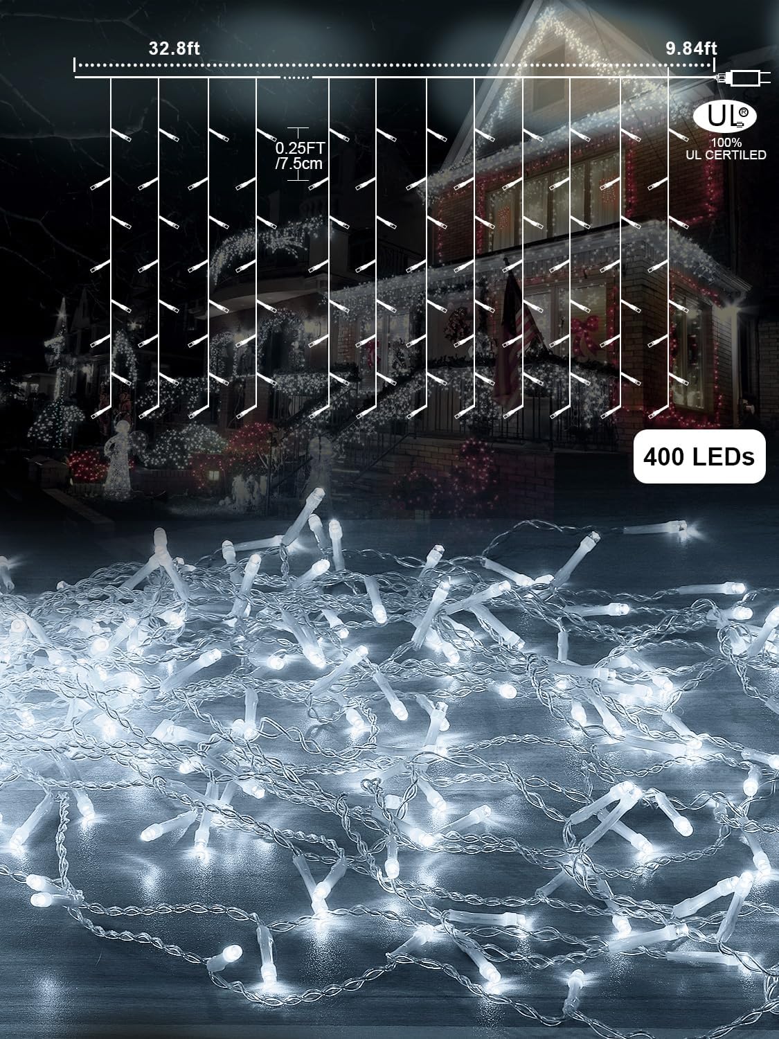 8 lighting modes including constant, combination, wave, sequence, slow glow, chase/twinkle, slow fade, and twinkle