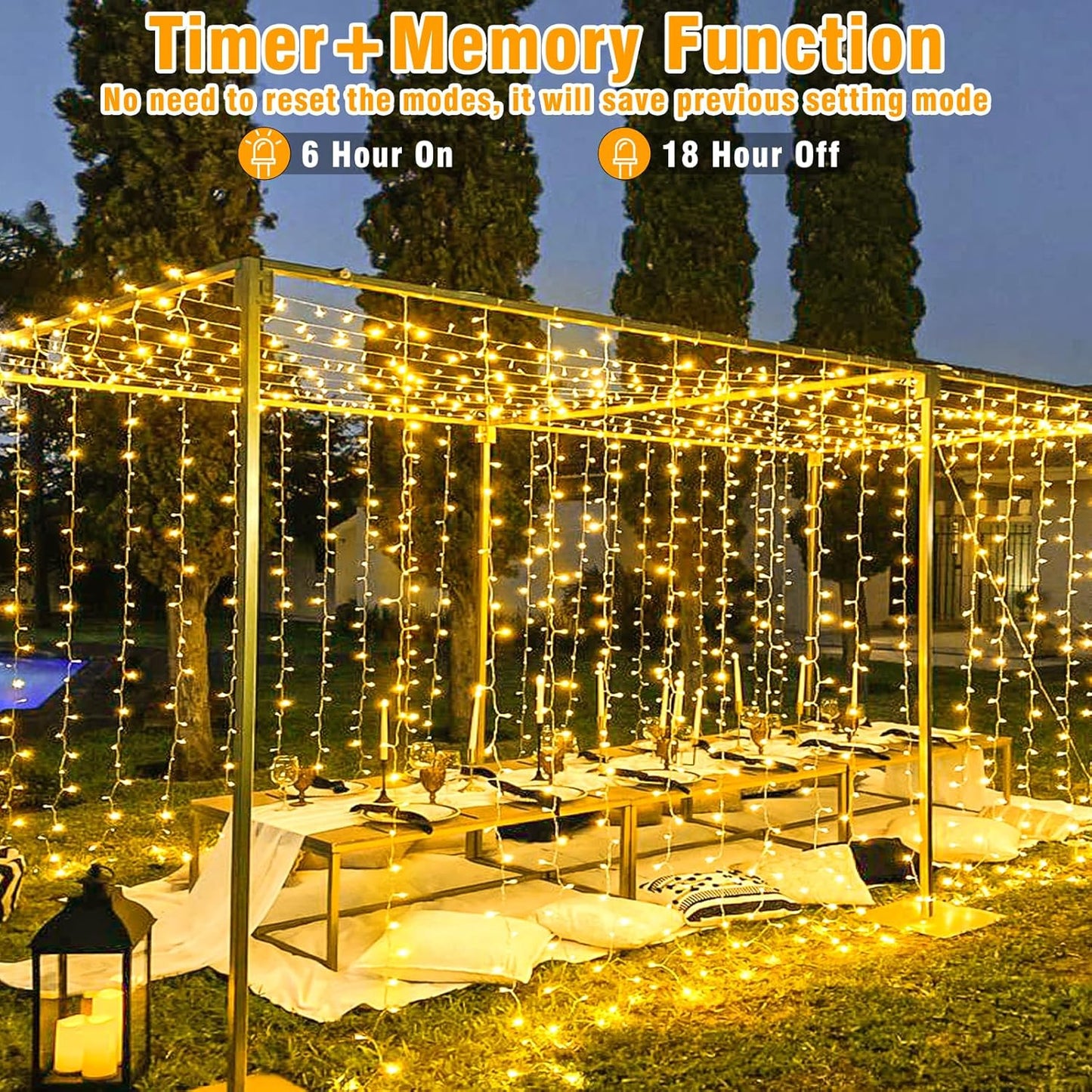 8 lighting modes including steady on, twinkle/flash, slow fade, and sequential chase