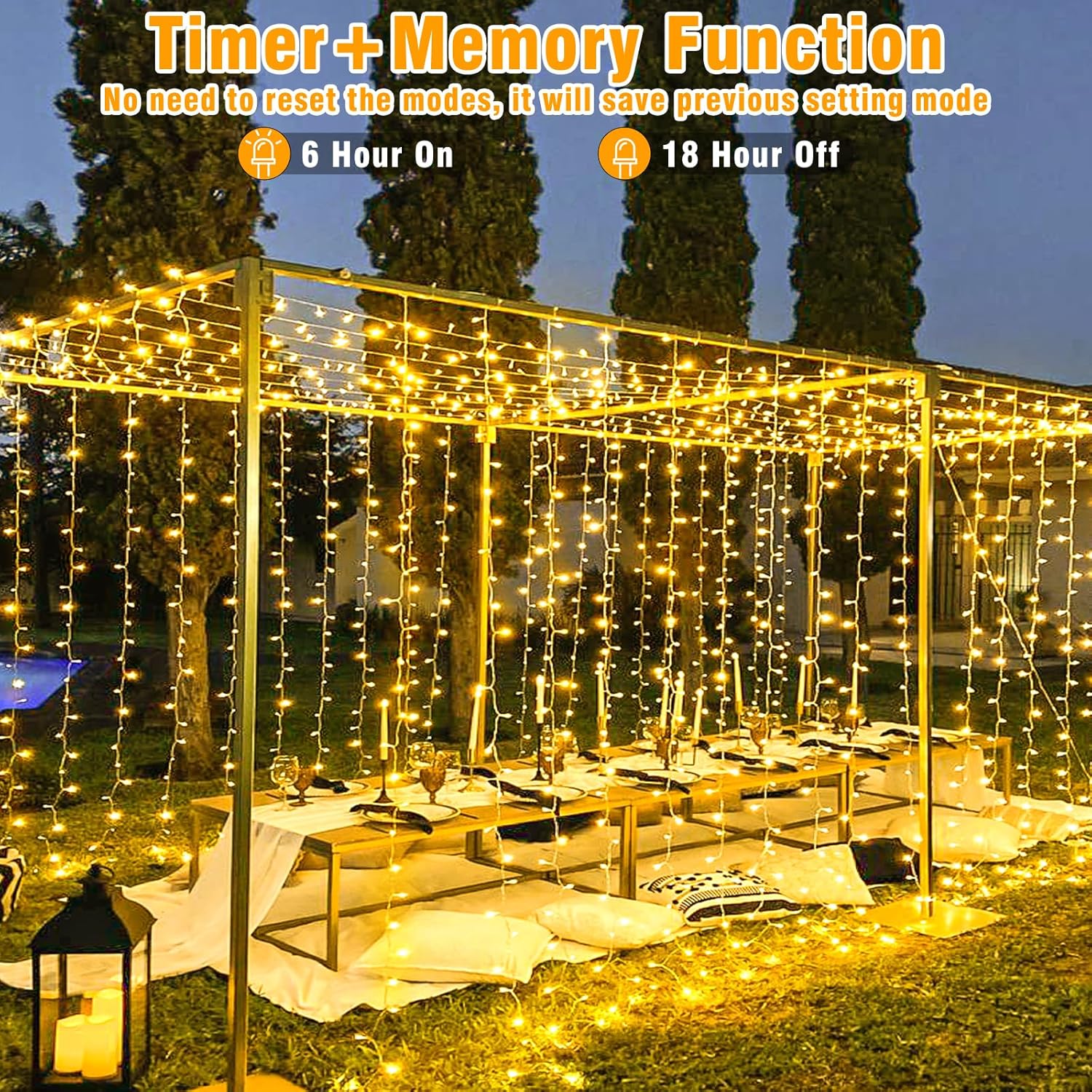 8 lighting modes including steady on, twinkle/flash, slow fade, and sequential chase