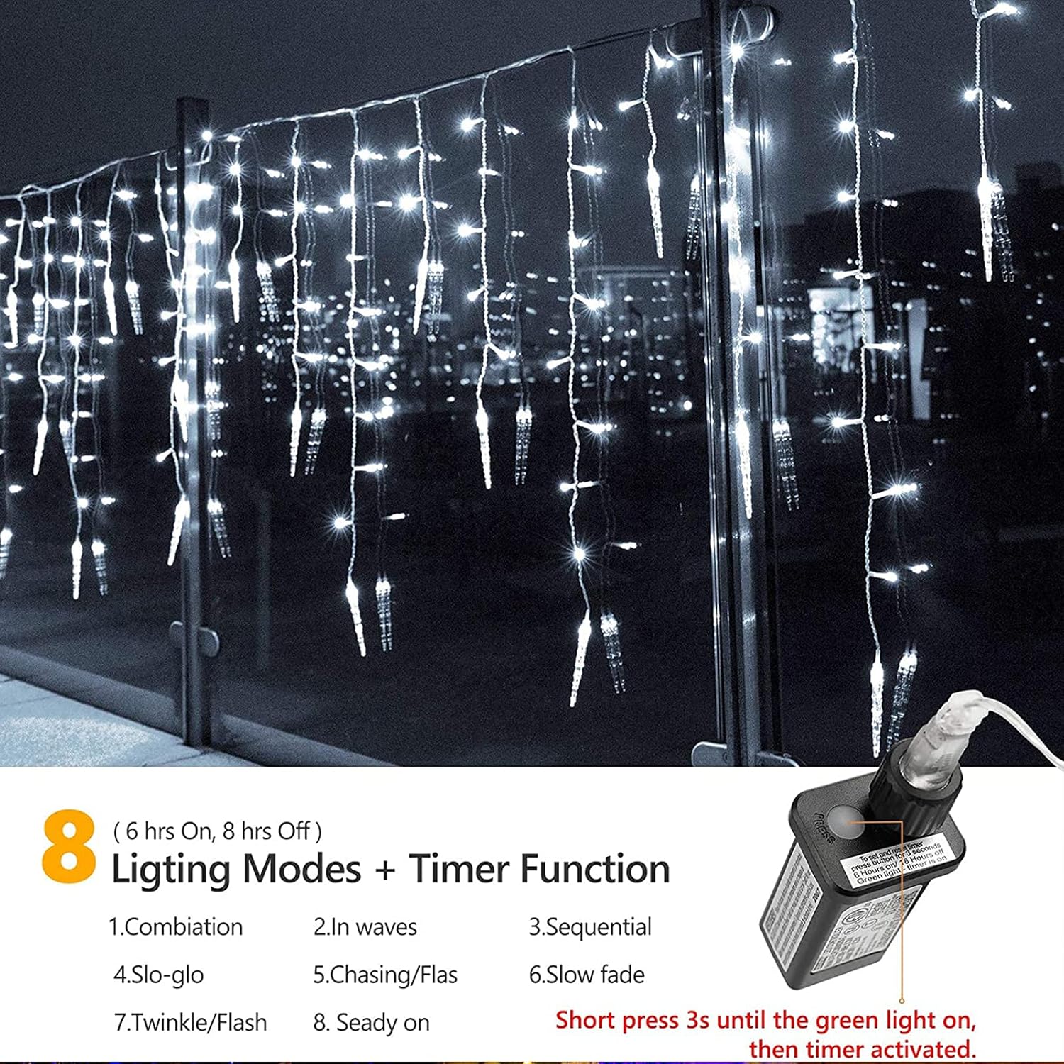 8 lighting modes including steady on, twinkle, slow fade, and chasing/flash