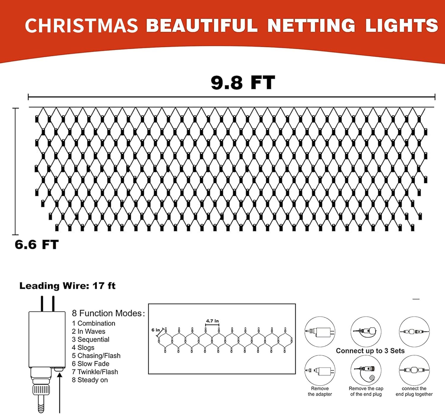8 lighting modes including steady on, twinkle, slow fade, and chasing flash