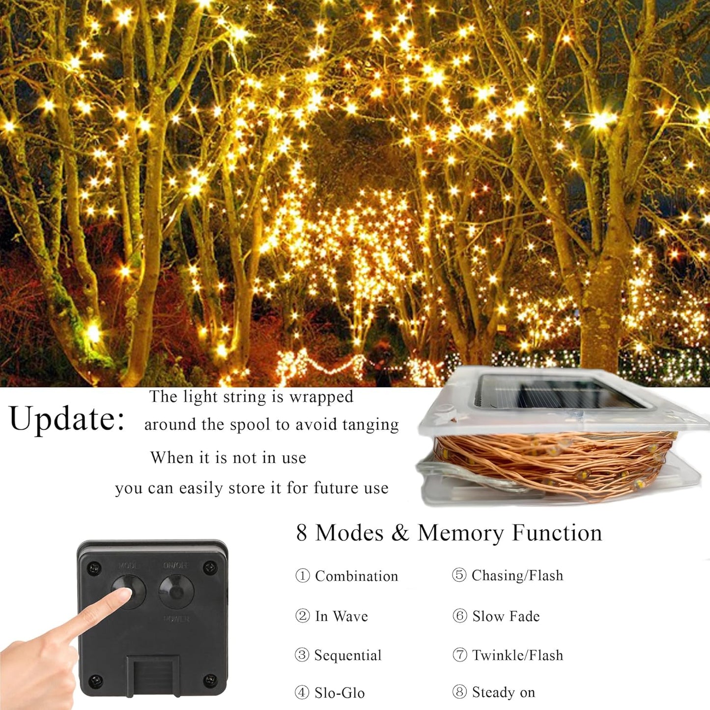 8 lighting modes including waves, sequential, twinkle, slow fade, and steady on