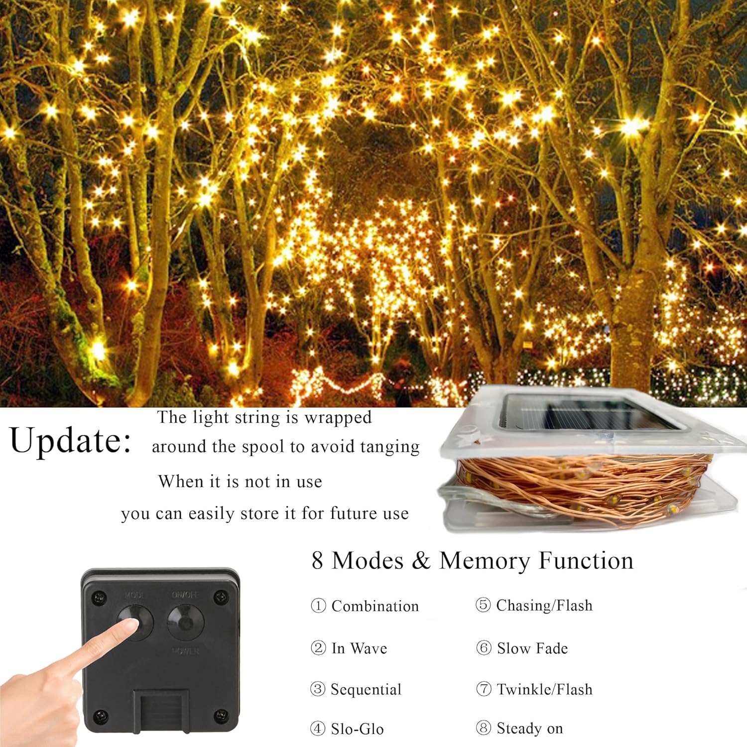 8 lighting modes including waves, sequential, twinkle, slow fade, and steady on