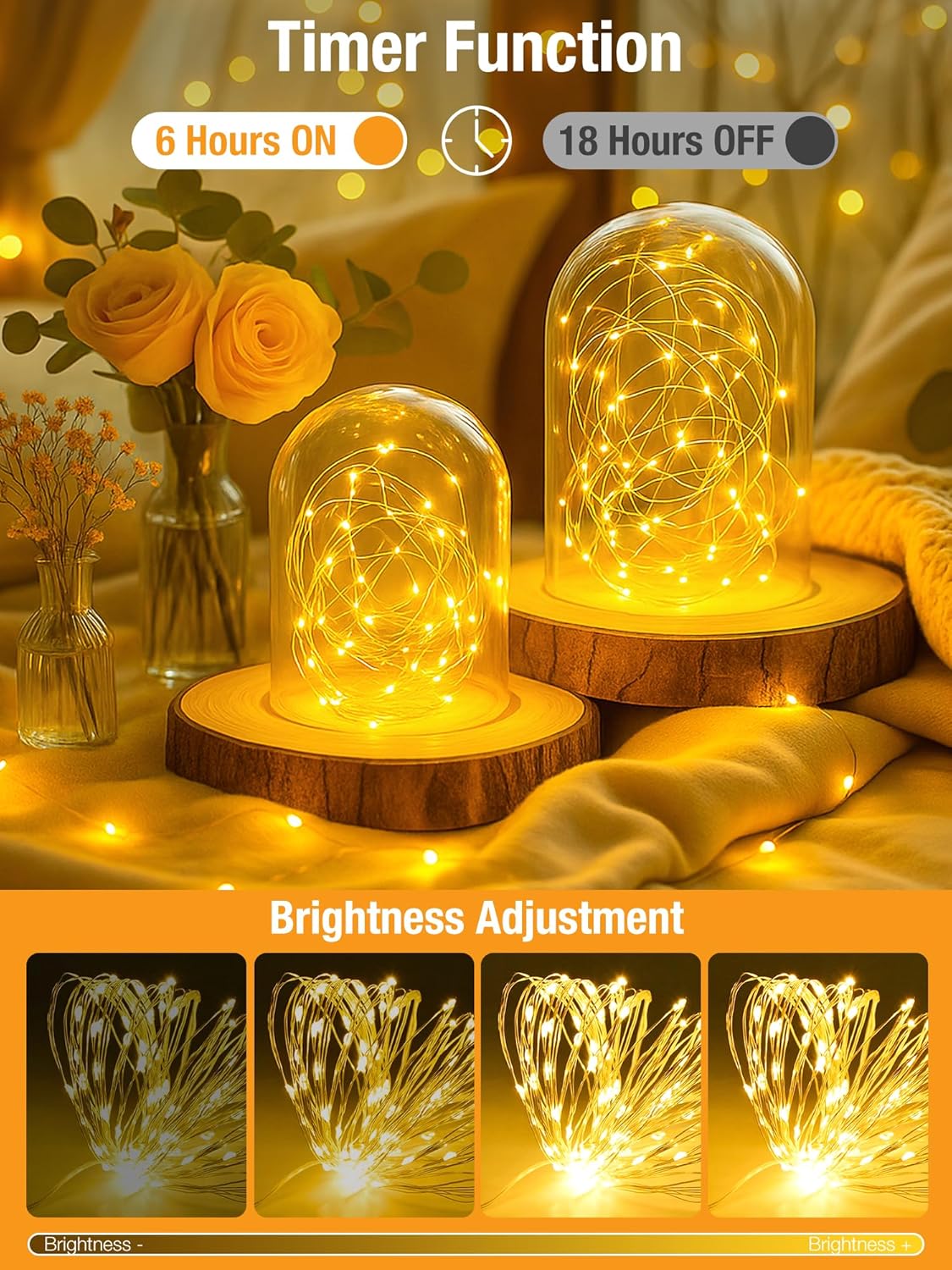 8 lighting modes plus dimmable brightness controlled by push buttons