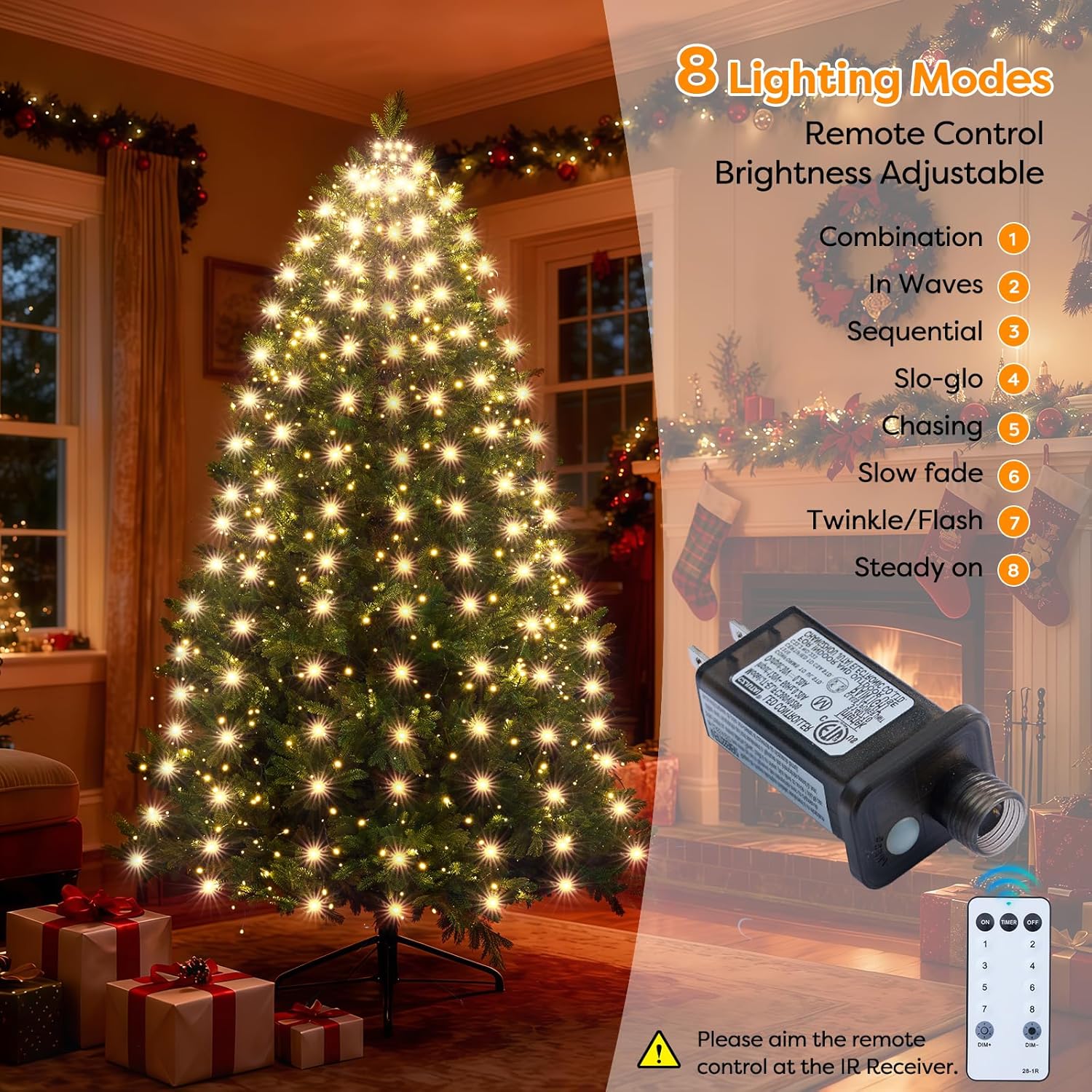 8 lighting modes (steady, twinkle, fade, chase, etc.) with memory chip that restores last setting