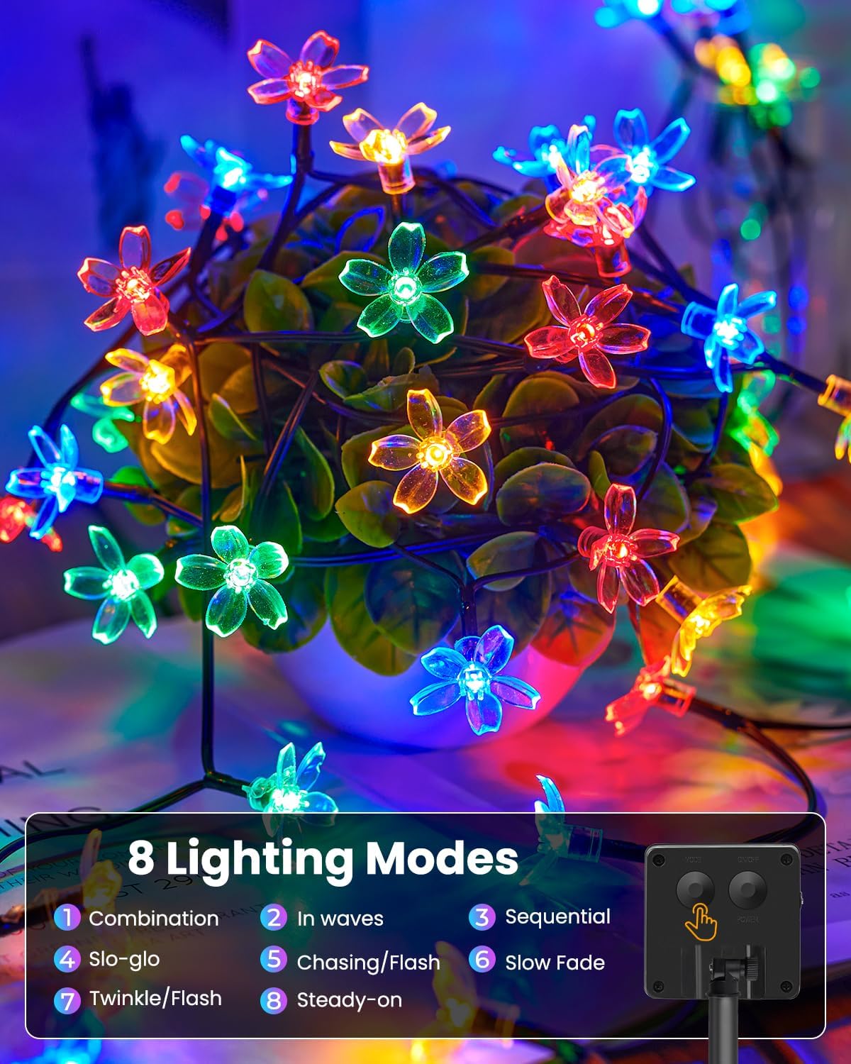 8 lighting modes (twinkle, fade, wave, etc.) with adjustable brightness and memory function