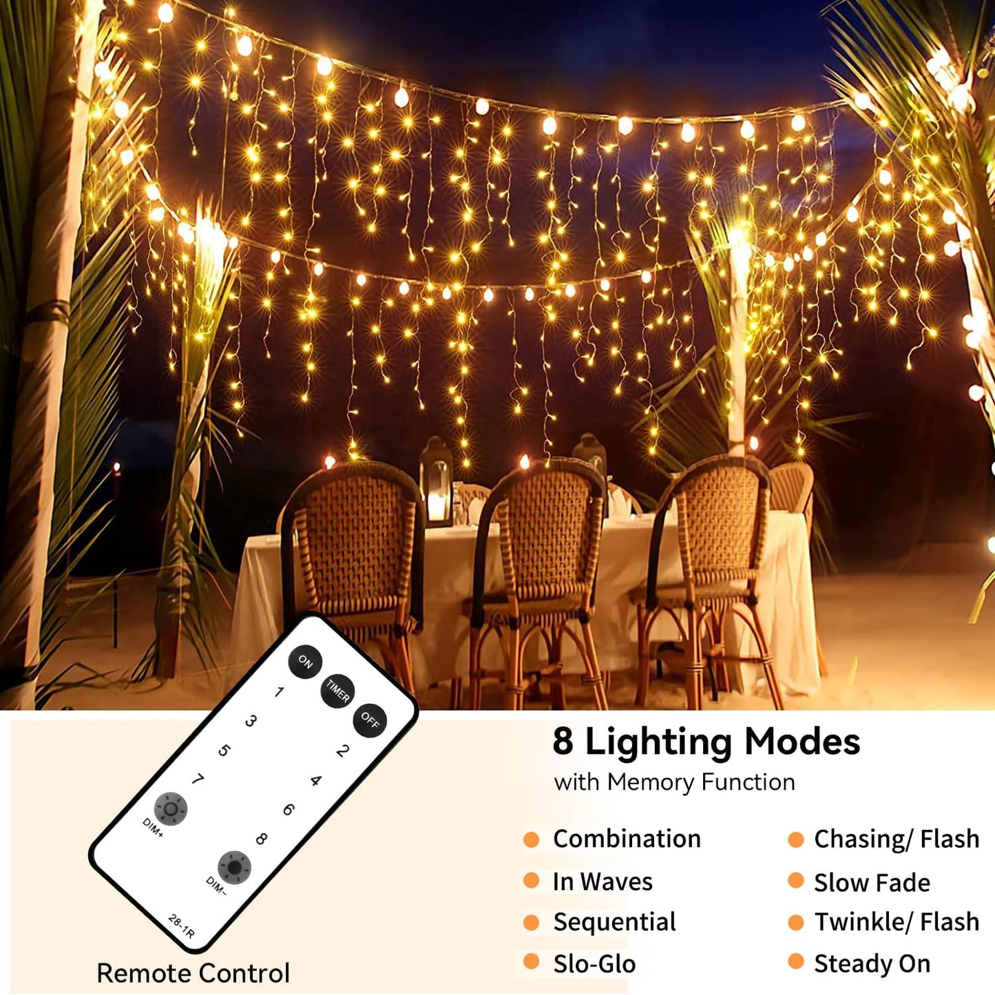 8 lighting modes with memory function that retains the last setting on power-on