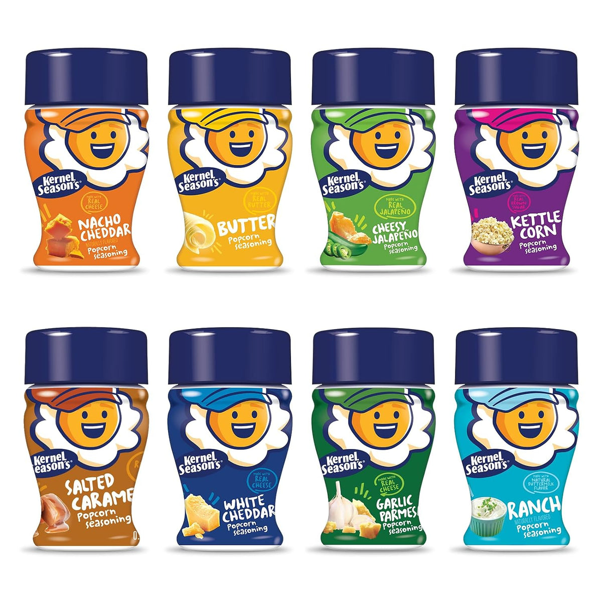 8 mini shaker jars packed in one variety box covering cheese, sweet, savory, and spicy profiles