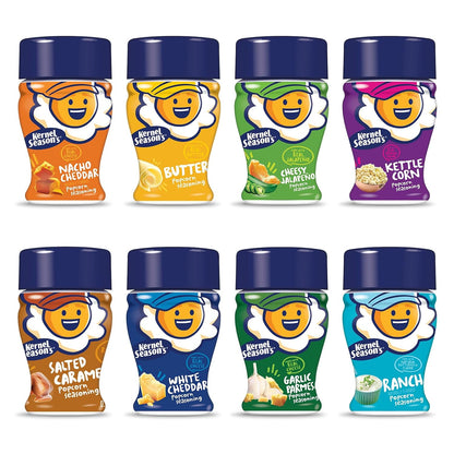 8 mini shaker jars packed in one variety box covering cheese, sweet, savory, and spicy profiles