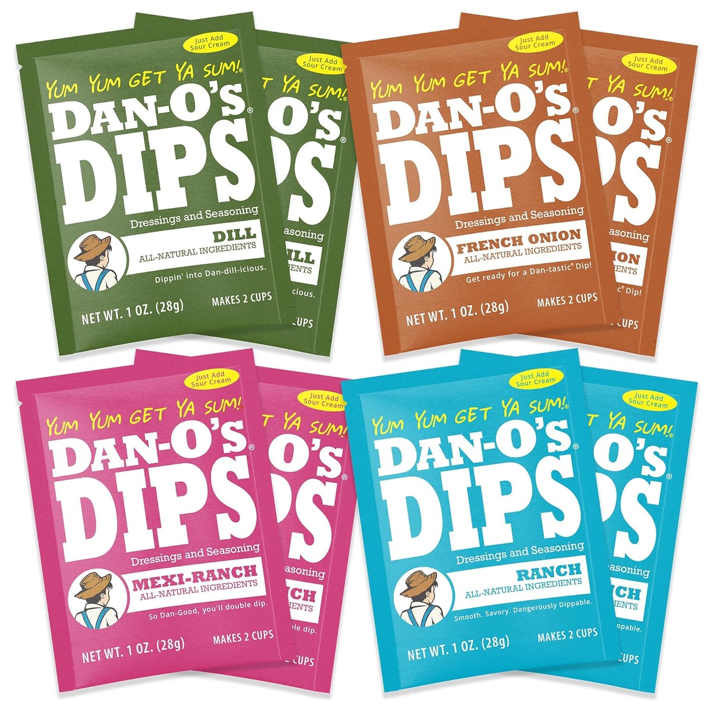 8-pack containing 2 packets each of ranch, mexi-ranch, french onion, and dill at 1 oz per packet
