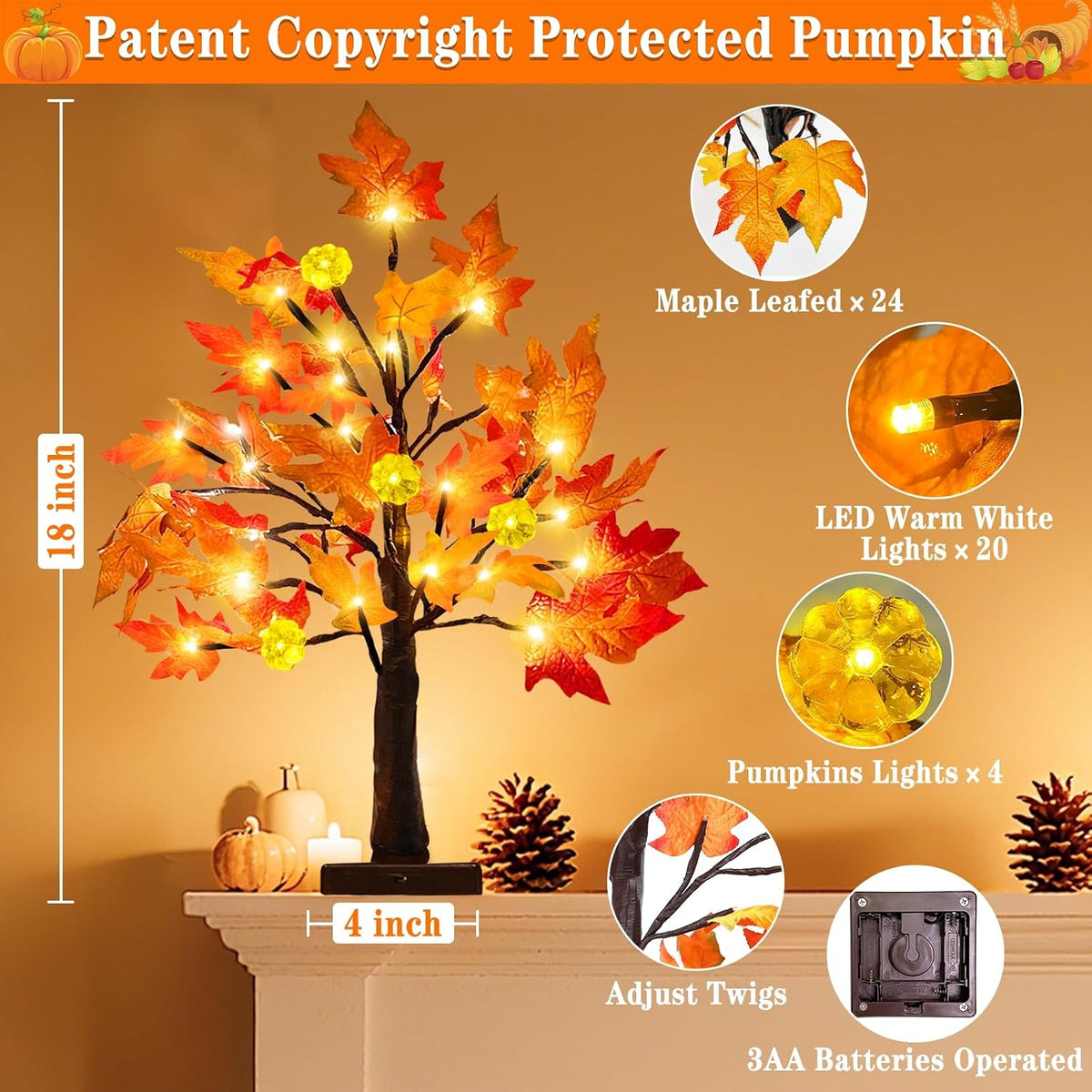 8 patented pumpkin light covers integrated into the branch tips