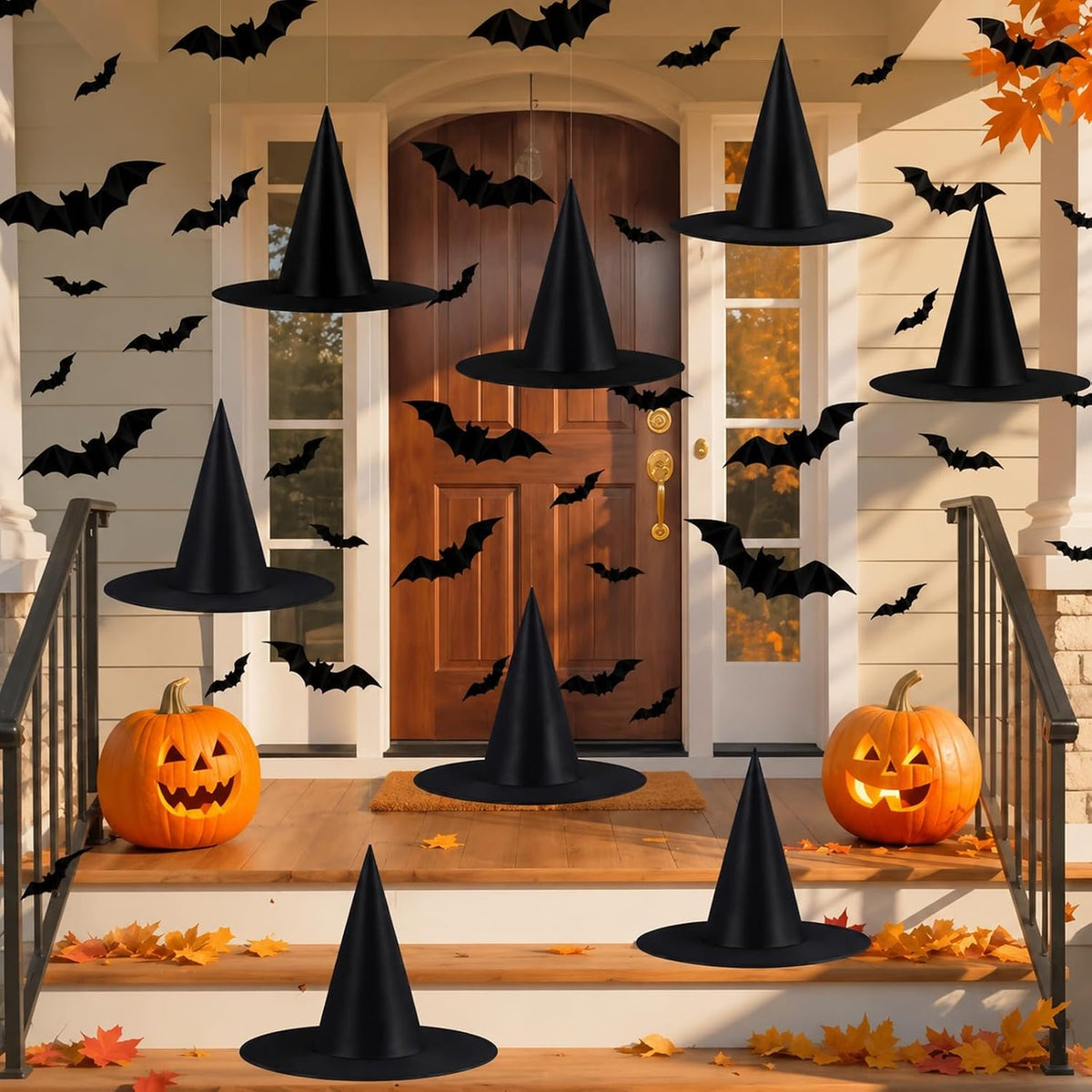 8-piece black witch hat set in hanging style