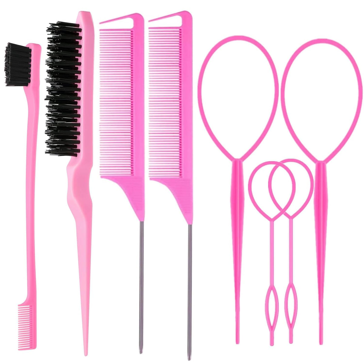 8-piece set including 4 topsy tail ponytail tools, bristle brush, double-sided edge brush, and 2 carbon fiber rat tail combs