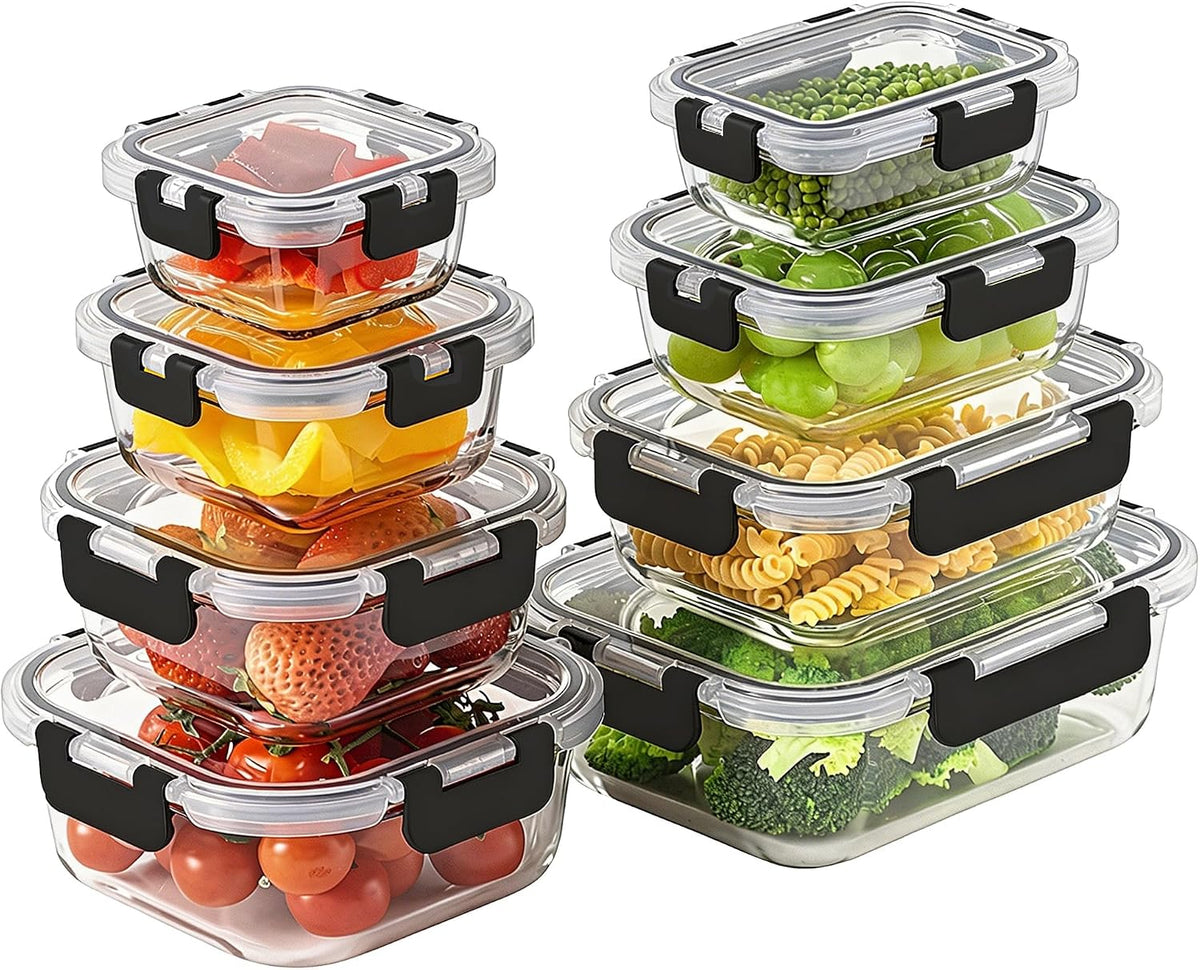 8-piece set with 4 rectangular (200-1040ml) and 4 square (150-800ml) borosilicate glass containers